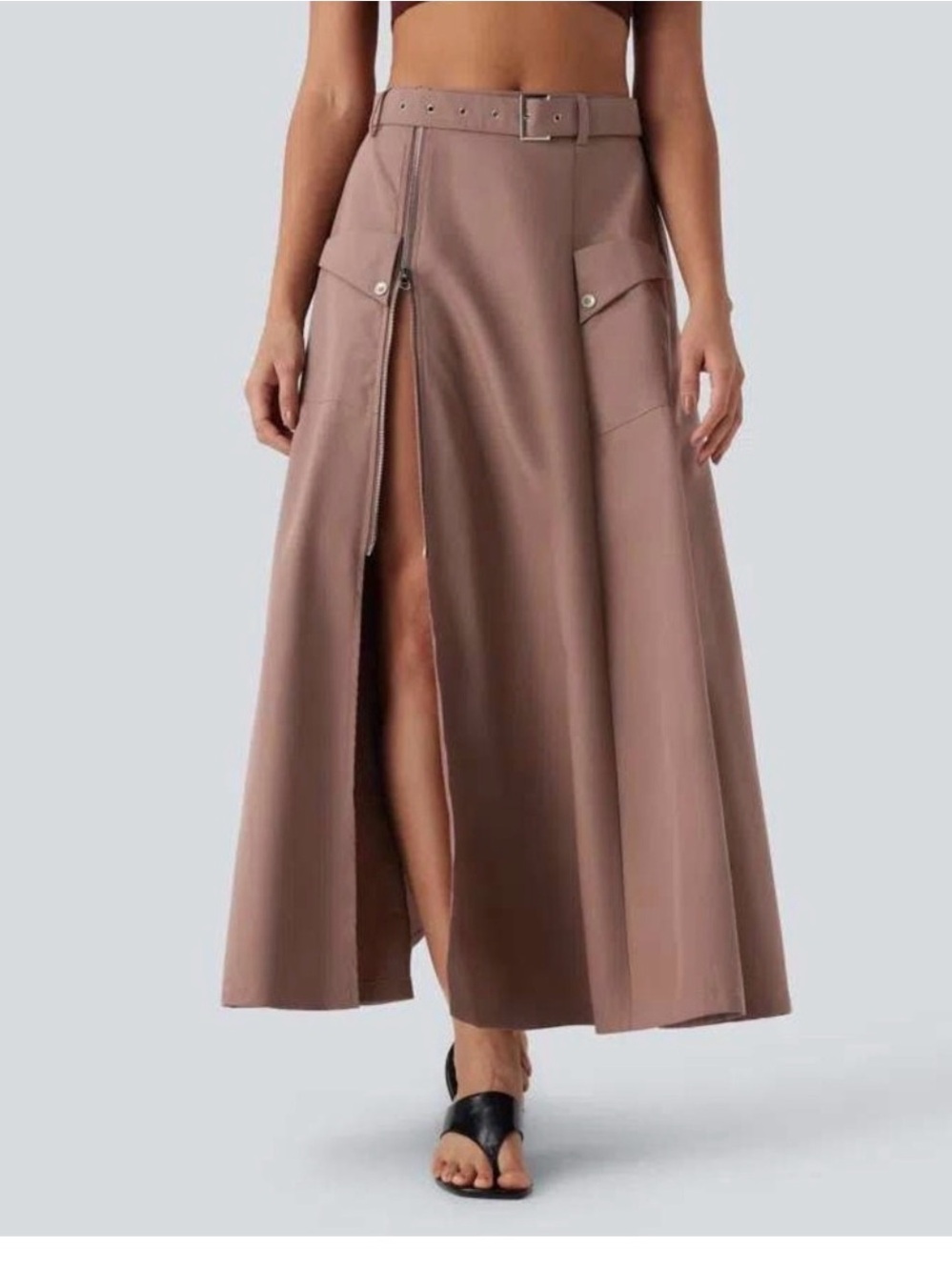 Halara - Brown High-Slit A-Line Maxi Skirt with Belt